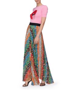 Alice + Olivia Katz Patchwork Floral Chevron Pleated Maxi Skirt