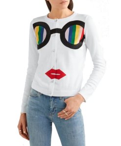 Alice + Olivia Ruthy Rainbow Staceface Glasses Appliqué Cardigan