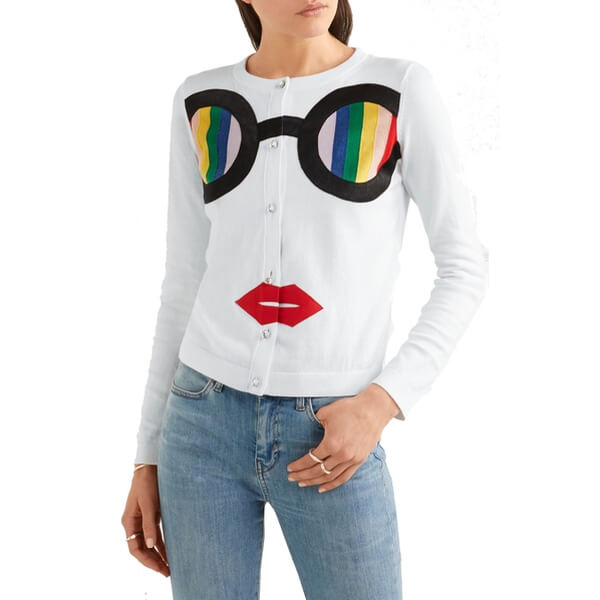 Alice + Olivia Ruthy Rainbow Staceface Glasses Appliqué Cardigan