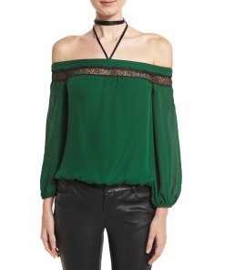 Alice + Olivia Esmeralda Off-the-Shoulder Neck-Tie Top