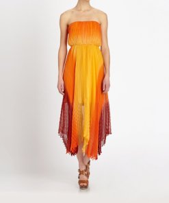 Alice + Olivia Uma Ombré Strapless Chevron-Pleated Dress