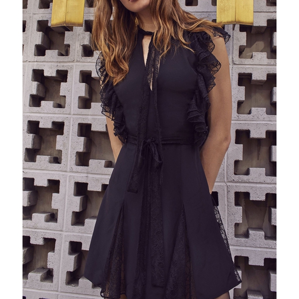 Alexis Joaquin Neck-Tie Ruffle Lace-Detail Mini Dress evaChic Alexis Joaquin Neck-Tie Ruffle Lace-Detail Mini Dress evaChic