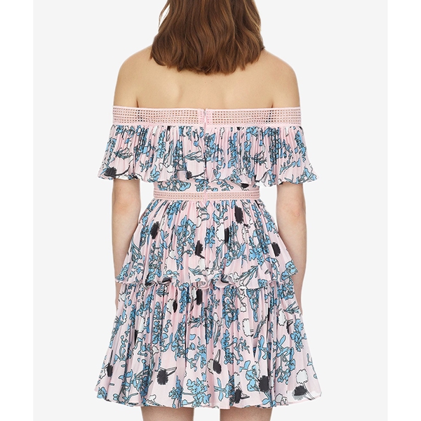 Self-Portrait Pleated Off-the-Shoulder Floral Mini Dress
