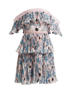 Self-Portrait Pleated Off-the-Shoulder Floral Mini Dress