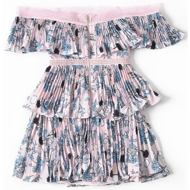 Self-Portrait Pleated Off-the-Shoulder Floral Mini Dress