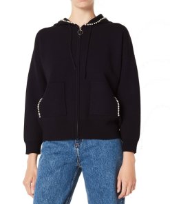 Sandro Reine Pearl-Embellished Zip-Up Hooded Cardigan