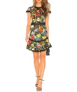 Alice + Olivia Rapunzel Chinoiserie Floral Lace-Trim Dress