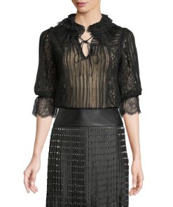 Alice + Olivia Pauletta Pleated Lace Tie-Neck Blouse
