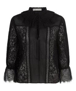 Alice + Olivia Pauletta Pleated Lace Tie-Neck Blouse