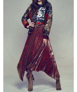 Alice + Olivia Katz Metallic Leopard Print Pleated Maxi Skirt