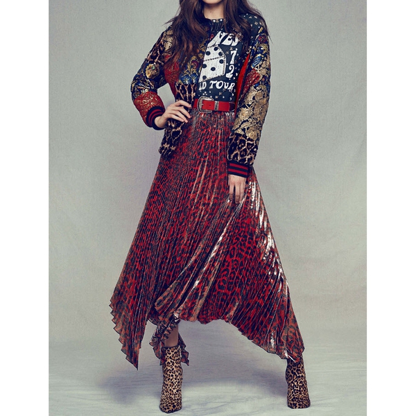 Alice + Olivia Katz Metallic Leopard Print Pleated Maxi Skirt