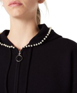 Sandro Reine Pearl-Embellished Zip-Up Hooded Cardigan