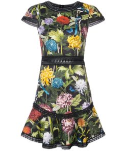 Alice + Olivia Rapunzel Chinoiserie Floral Lace-Trim Dress