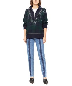Sandro Patience Crystal-Embellished Half Zip Check Sweater