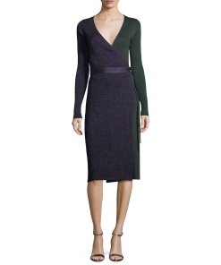 Diane von Furstenberg Long-Sleeve Metallic-Knit Wrap Dress  evaChic