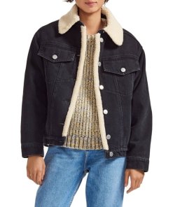 Maje Balta Faux Shearling-Detailed Denim Jacket