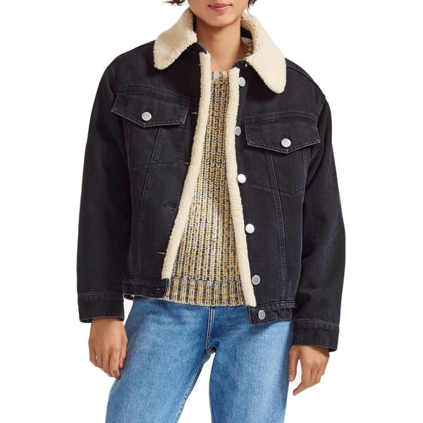Maje Balta Faux Shearling-Detailed Denim Jacket