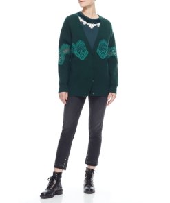 Sandro Tower Lace Inset Wool Blend Cardigan