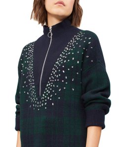 Sandro Patience Crystal-Embellished Half Zip Check Sweater