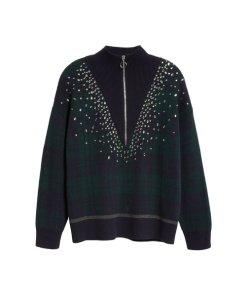 Sandro Patience Crystal-Embellished Half Zip Check Sweater