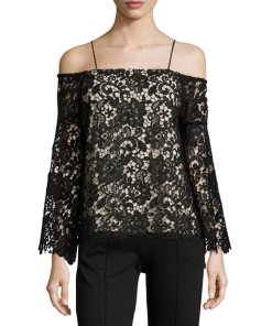 Alice + Olivia Prena Trumpet-Sleeve Off-the-Shoulder Lace Top