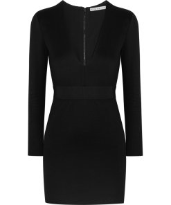 Alice + Olivia Simone Deep V-Neck Strong Shoulder Dress