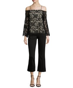 Alice + Olivia Prena Trumpet-Sleeve Off-the-Shoulder Lace Top