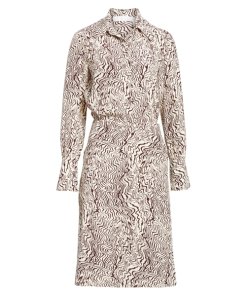 Chloé Long-Sleeve Button-Down Wave-Print Silk Crepe Shirtdress