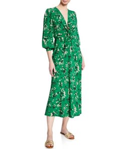 Veronica Beard Amber Long-Sleeve Floral Tie-Front Midi Dress