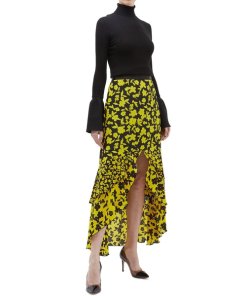 Alice + Olivia Sueann Asymmetric Tiered Ruffle Floral Silk Skirt