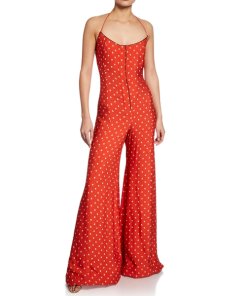 Alexis Holland Dot-Print Halter Wide-Leg Jumpsuit