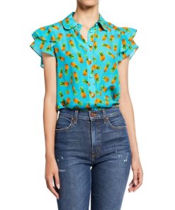 Alice + Olivia Ziggy Pineapple-Print Ruffle Cap-Sleeve Button-Down