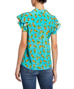 Alice + Olivia Ziggy Pineapple-Print Ruffle Cap-Sleeve Button-Down