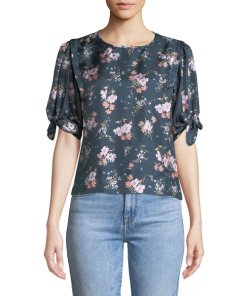 Rebecca Taylor Emilia Crewneck Tie-Sleeve Floral-Print Top