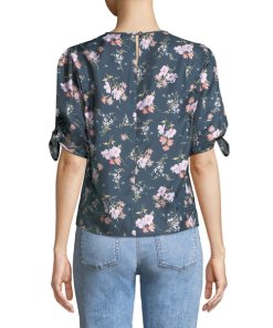 Rebecca Taylor Emilia Crewneck Tie-Sleeve Floral-Print Top