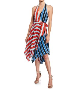 Alice + Olivia Canton Stripe Halter Neck Handkerchief Hem Dress