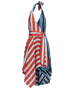 Alice + Olivia Canton Stripe Halter Neck Handkerchief Hem Dress