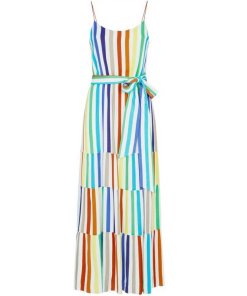 Alice + Olivia Janan Tiered Rainbow-Stripe Maxi Dress