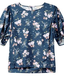 Rebecca Taylor Emilia Crewneck Tie-Sleeve Floral-Print Top
