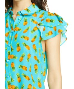 Alice + Olivia Ziggy Pineapple-Print Ruffle Cap-Sleeve Button-Down