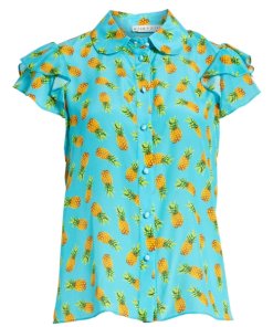 Alice + Olivia Ziggy Pineapple-Print Ruffle Cap-Sleeve Button-Down