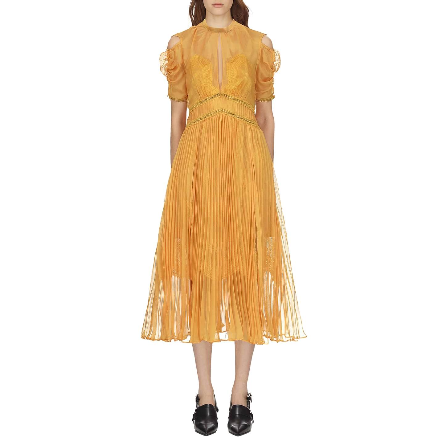 open lace back dress IRIDESCENT PLEATED CHIFFON STRUCTURED NECKLINE GOWN main image 1