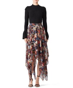 The Kooples Bollywood Floral Lurex Asymmetric Midi Skirt