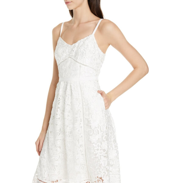 knee length dresses for ladies White Lace Puff Sleeve Cotton Blend Midi Dress | Agnel main image 1