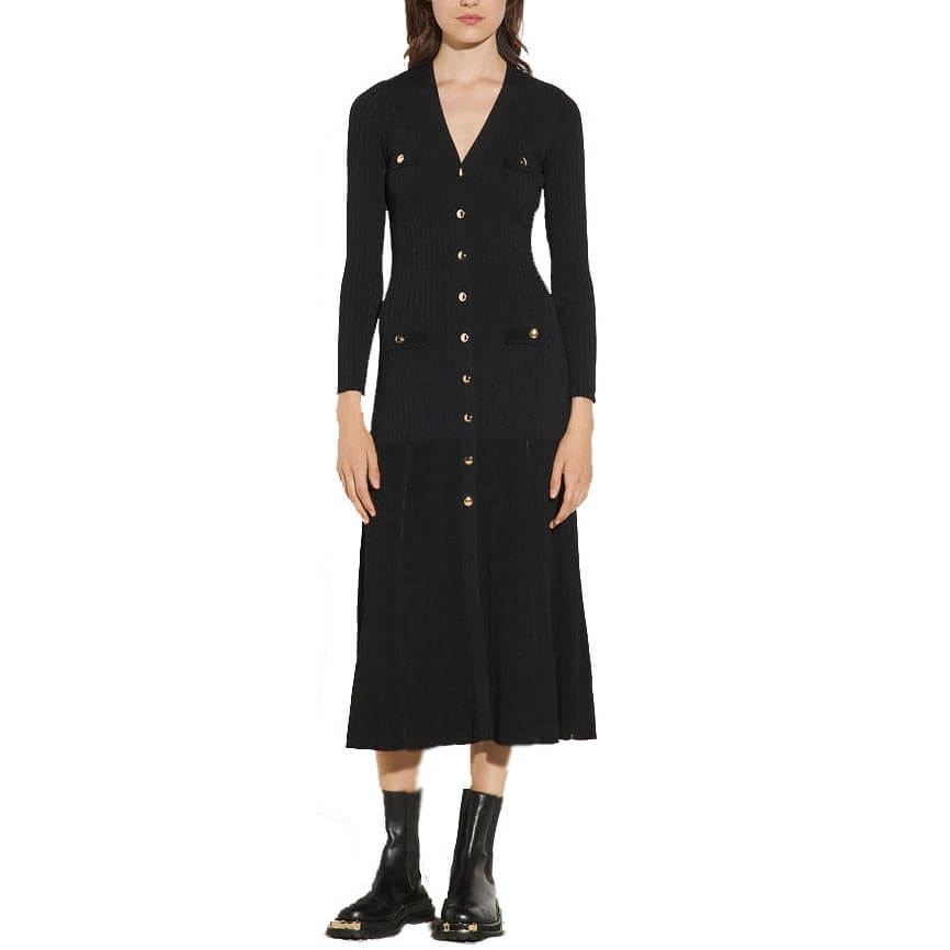 chinese dress ladies Black Ribbed Long Sleeve Dresses Vintage Single Breasted Maxi Dressees  Casual Cardigan Lady Elegant Turn Down Female Fashion Slim Sweater Coat  Knitting Solid Flare Sleeve Bodycon(AC-210005-Black-S) at Amazon Women's  Clothing store main image 1