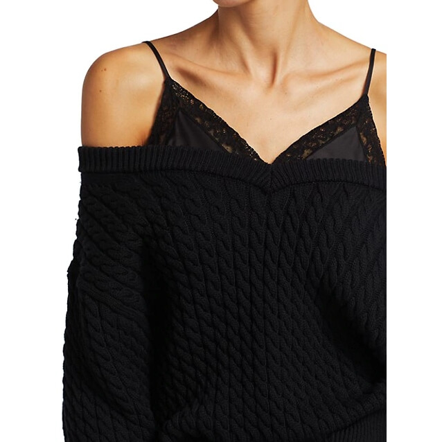 Alexander Wang Bi-Layer Satin Camisole V-Neck Cable Sweater - Image 3