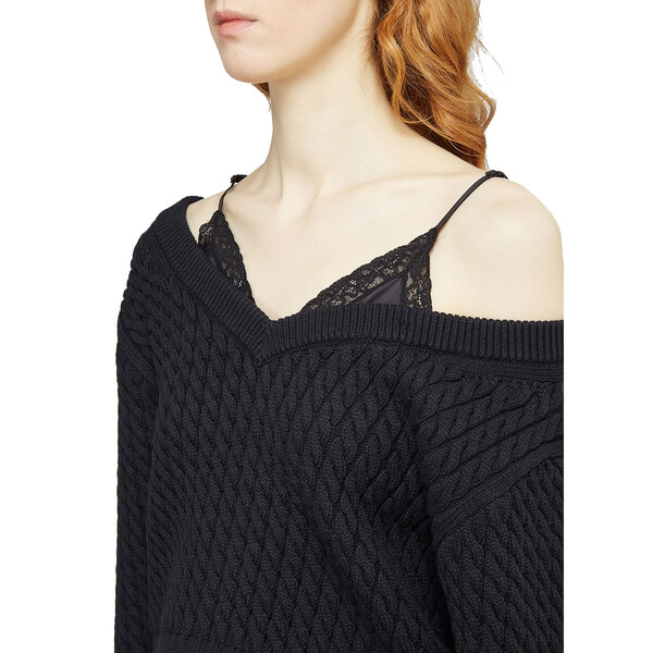 Alexander Wang Bi-Layer Satin Camisole V-Neck Cable Sweater - Image 5