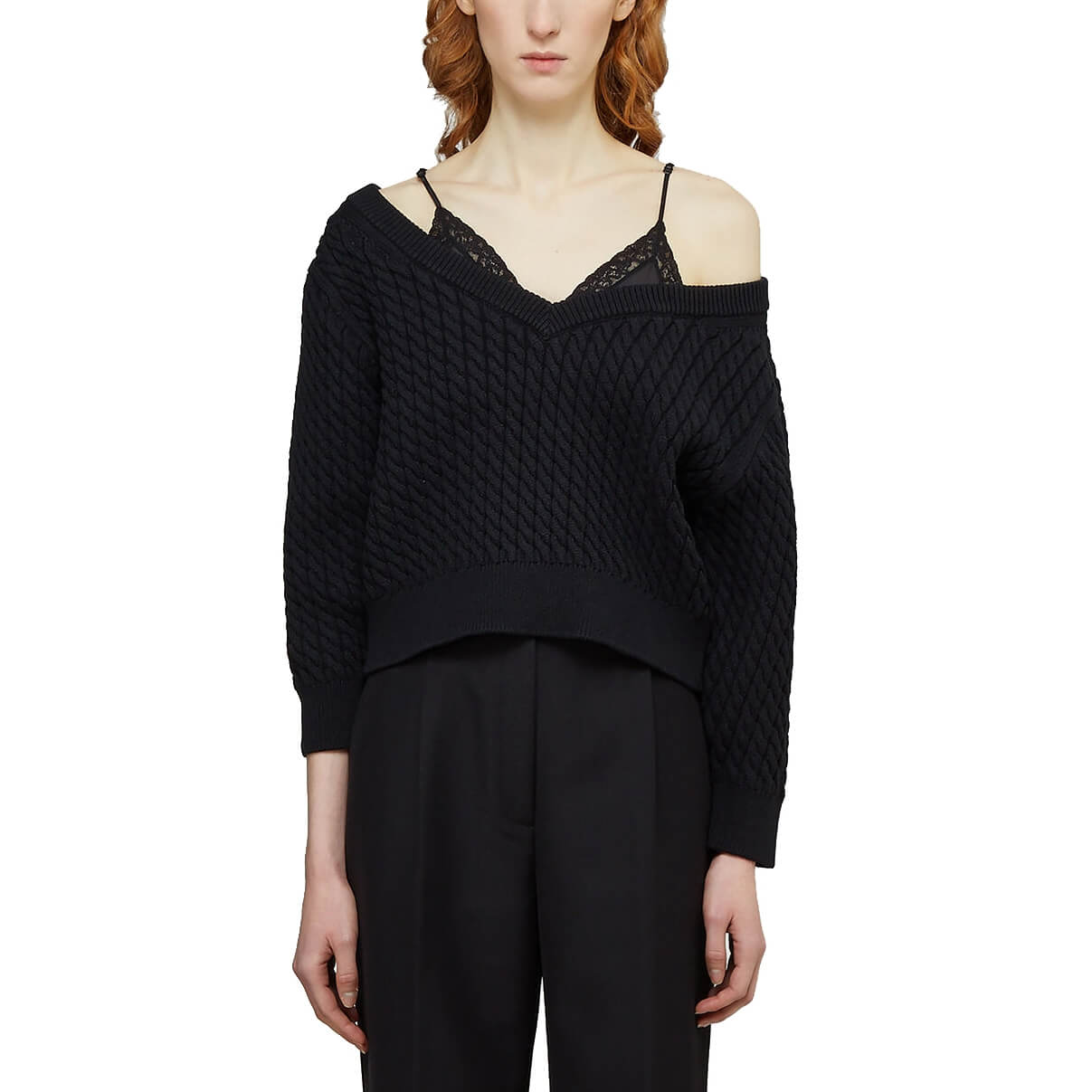Alexander Wang Bi-Layer Satin Camisole V-Neck Cable Sweater - Image 7