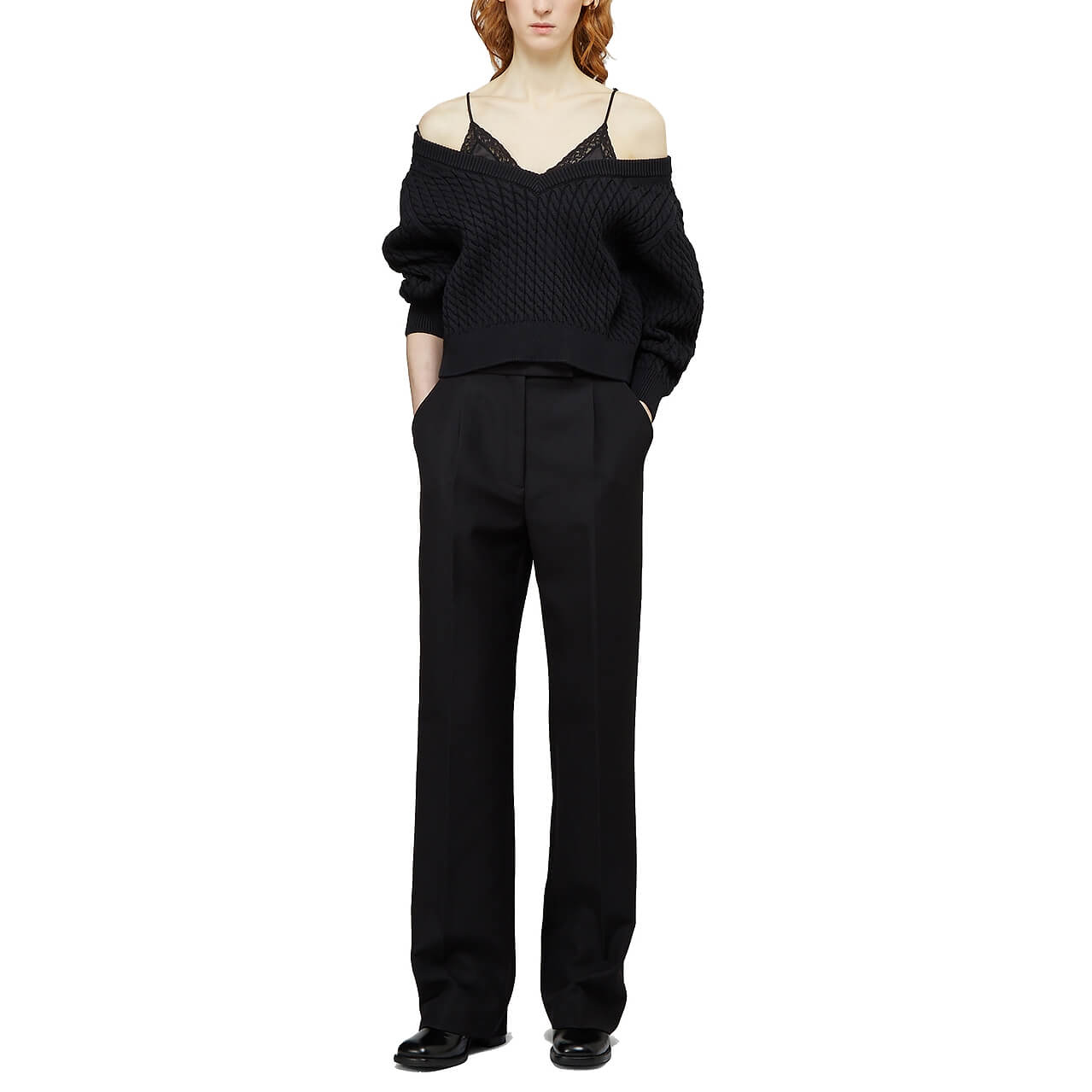 Alexander Wang Bi-Layer Satin Camisole V-Neck Cable Sweater - Image 8