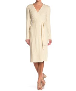 fitted lace wedding dress Womens Cashmere Ribbed Knit Wrap Dress Long Sleeve V Neck Midi Dresses Beige / XL